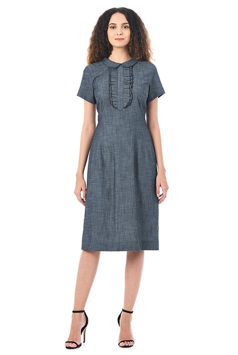 Shop Ruffle front cotton chambray shift dress | eShakti