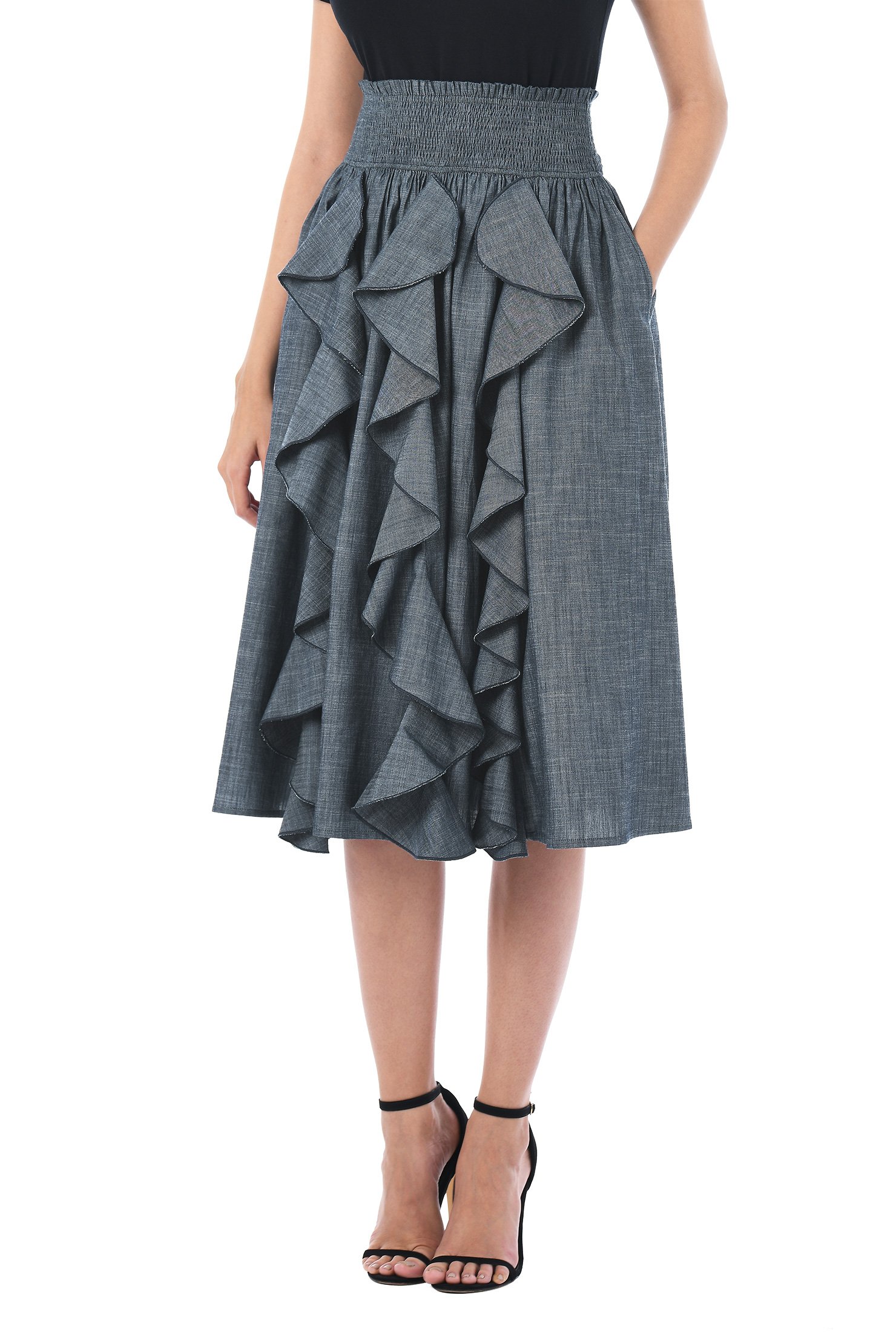 Shop Ruffle cotton chambray smocked waist skirt | eShakti