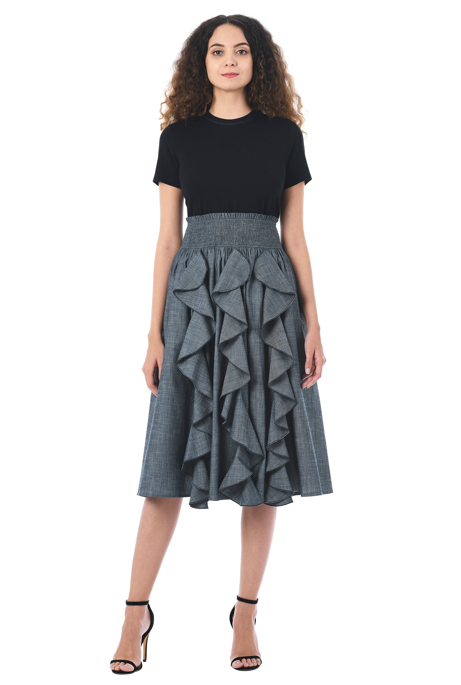 Shop Ruffle cotton chambray smocked waist skirt | eShakti