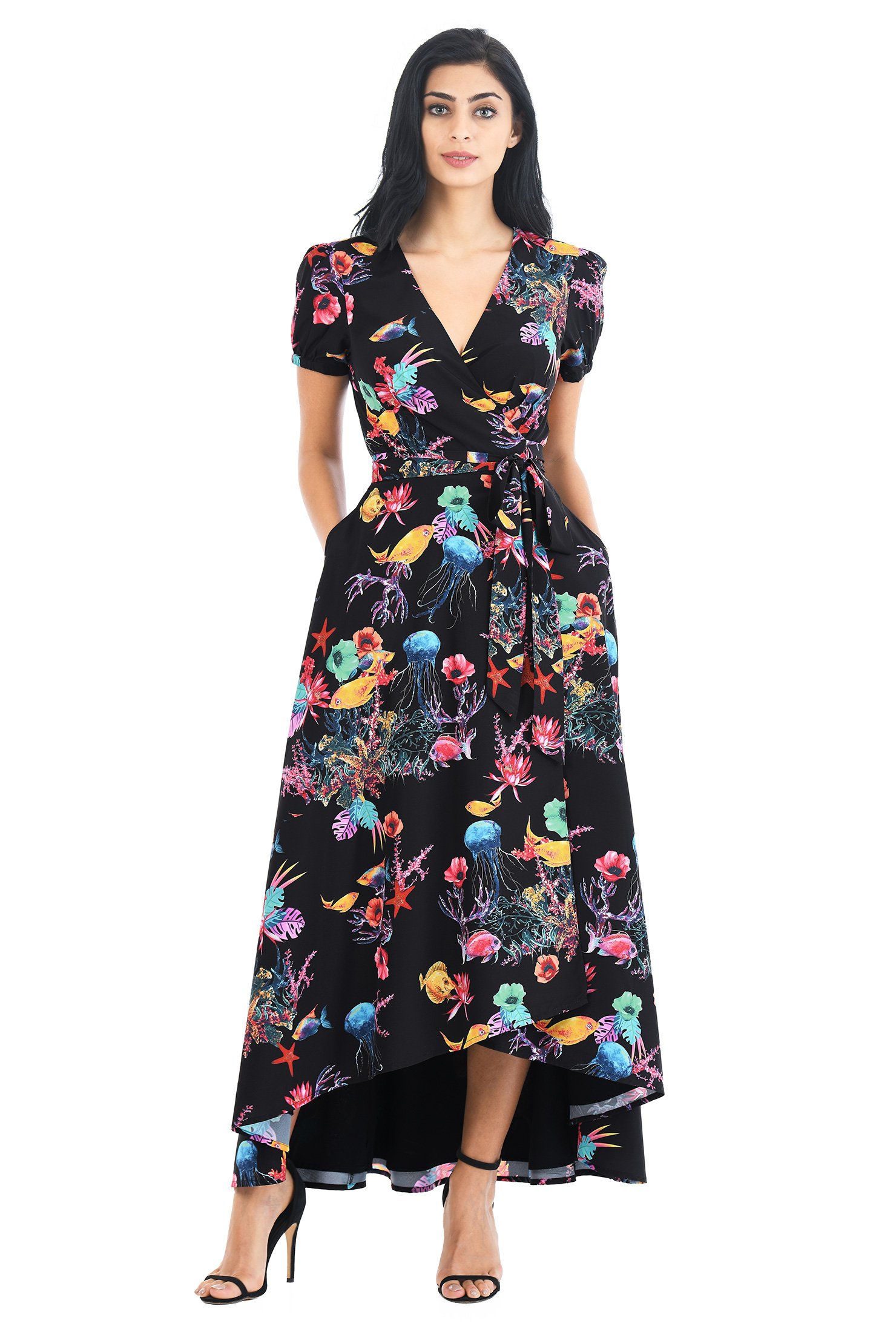 Shop Sea world print crepe wrap dress | eShakti