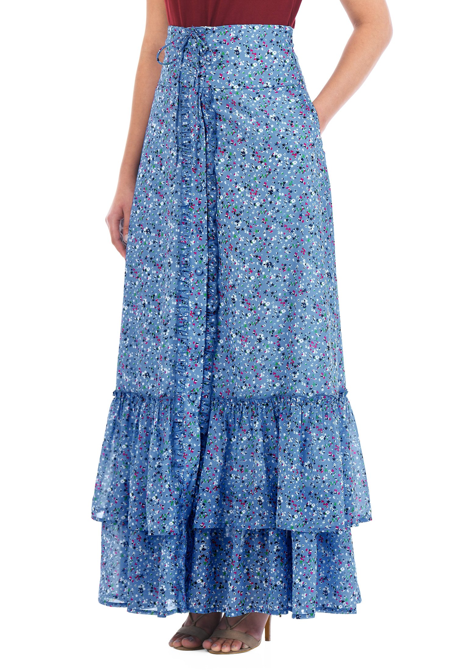 Shop Ruffle frill floral print georgette skirt | eShakti