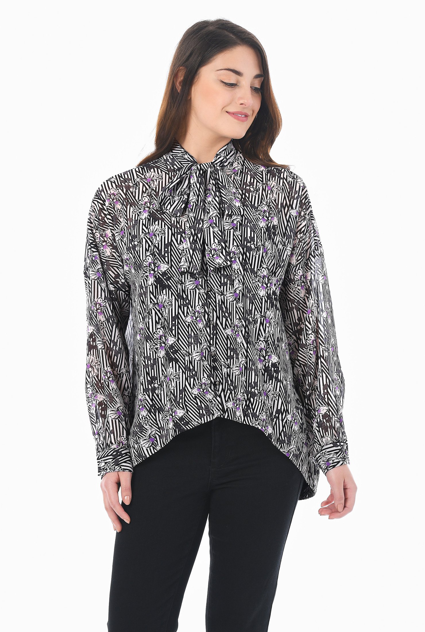 Shop Tie neck graphic floral print georgette top | eShakti