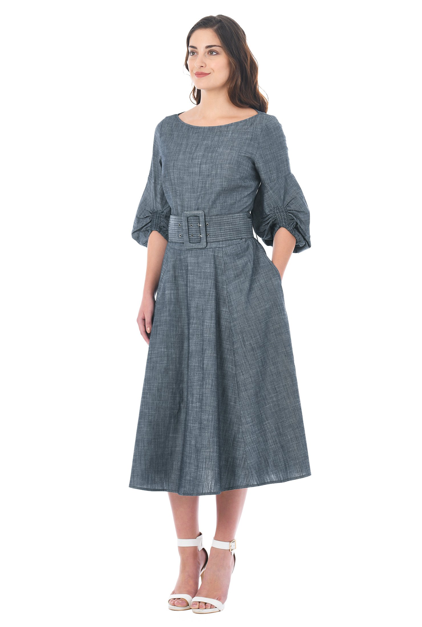 Shop Bell sleeve cotton chambray dress | eShakti