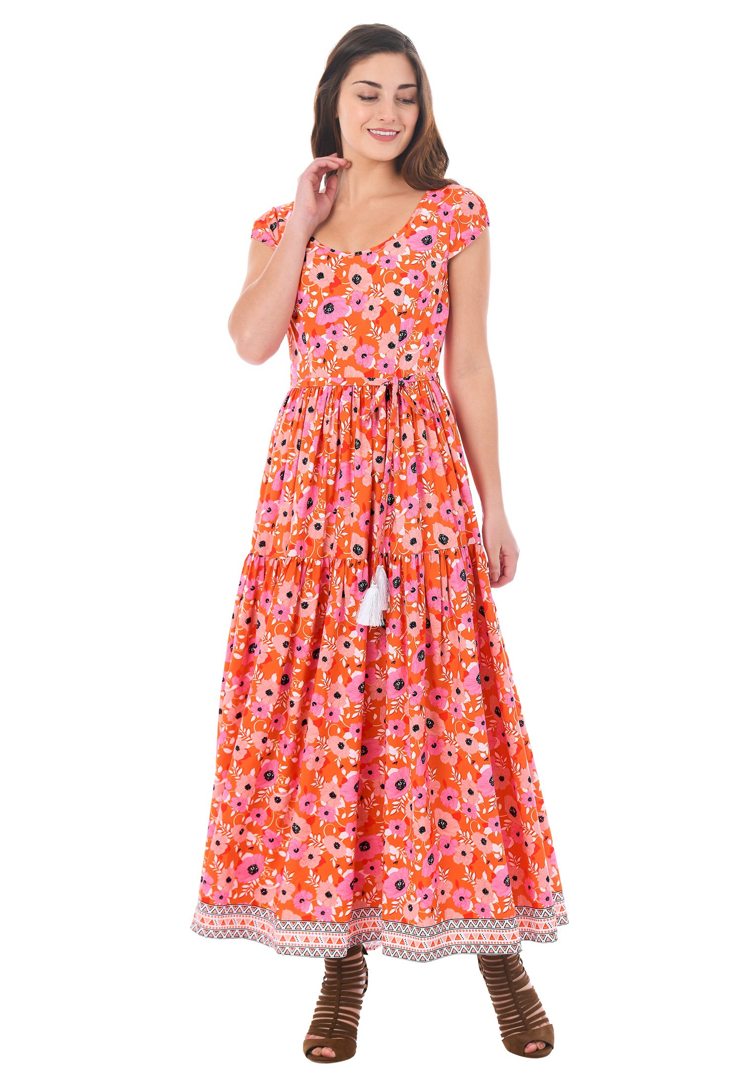 Shop Floral print crepe tassel ties maxi dress | eShakti