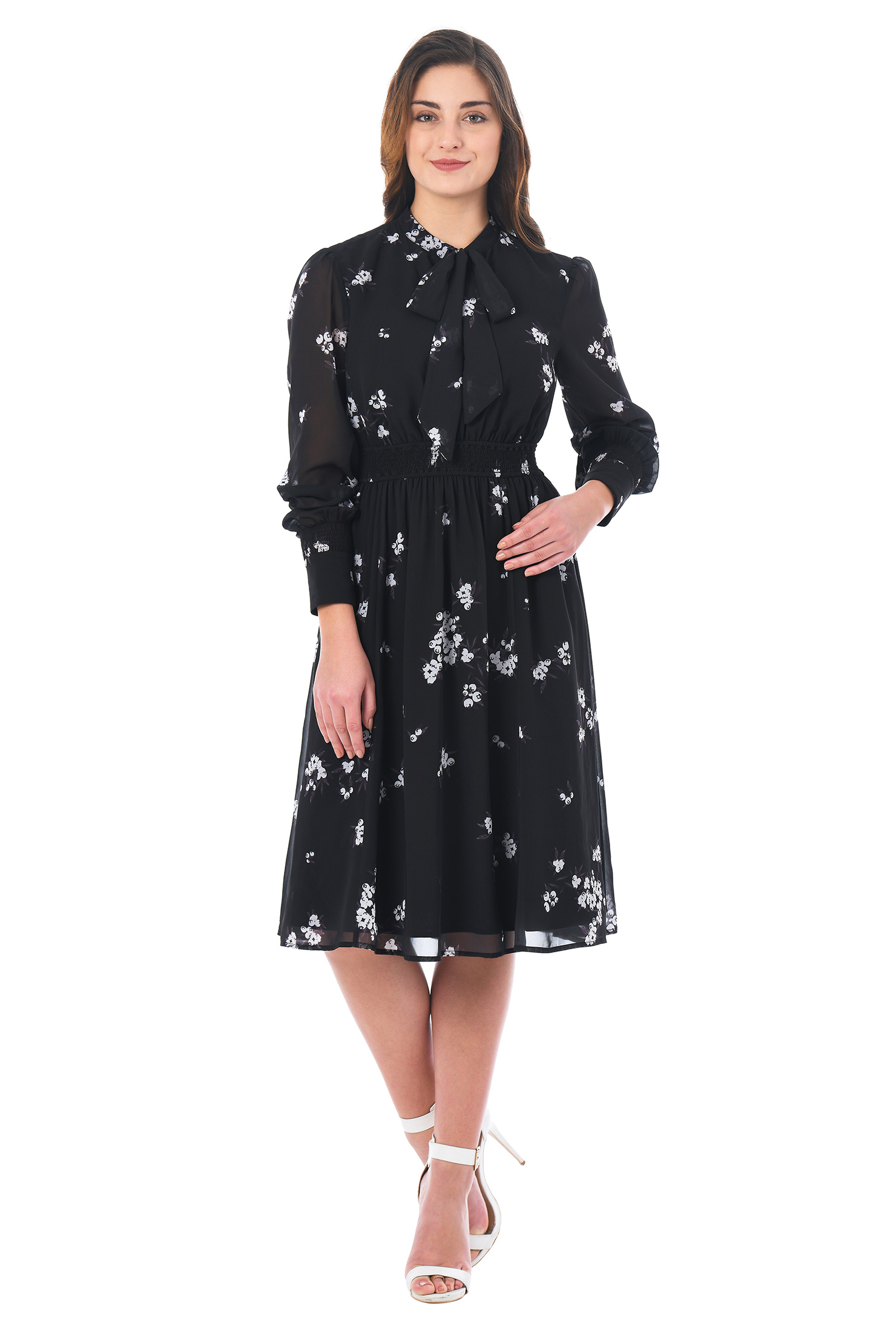 gish green romance floral print tie neck silk dress