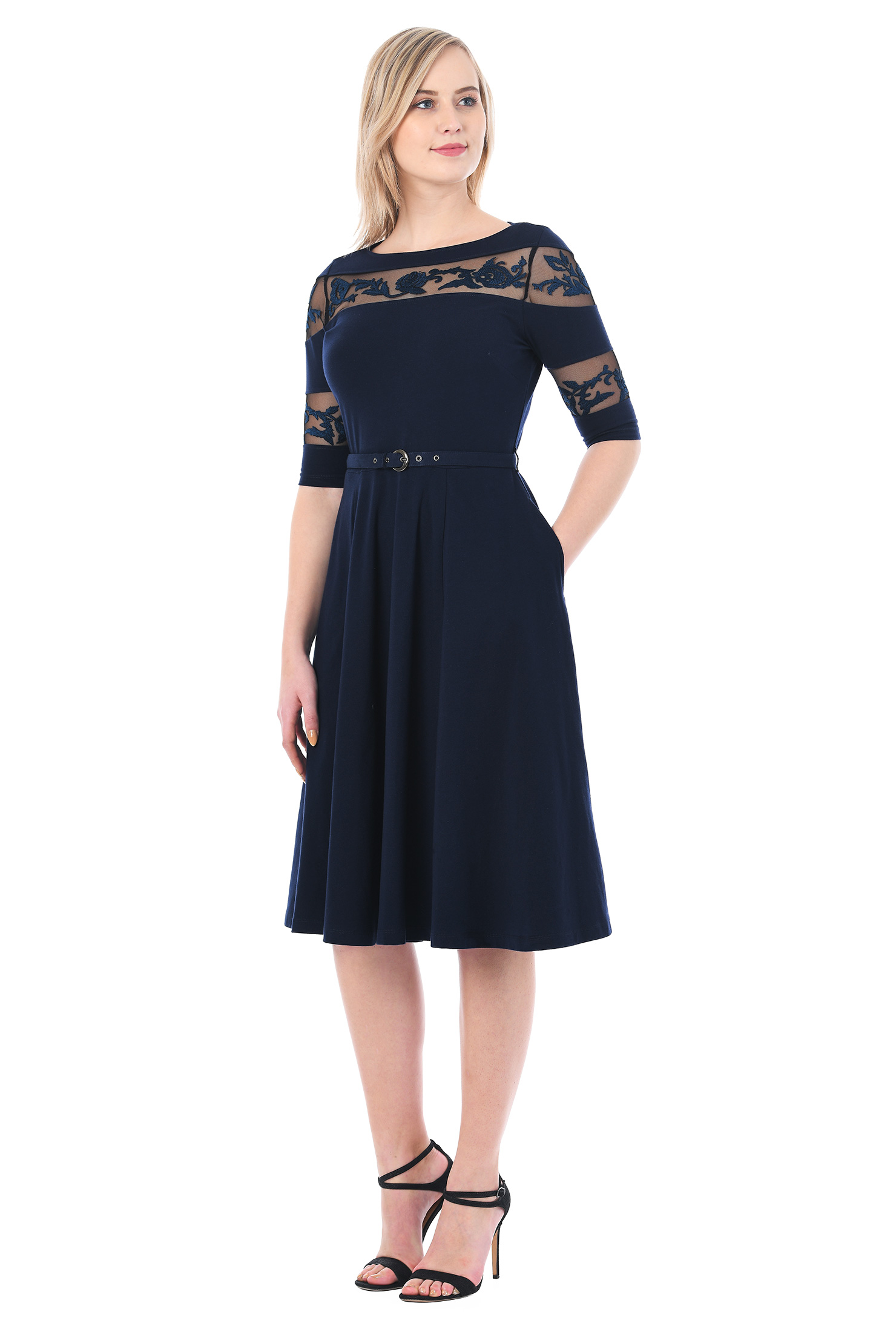 Shop Floral embellished illusion cotton knit dress eShakti