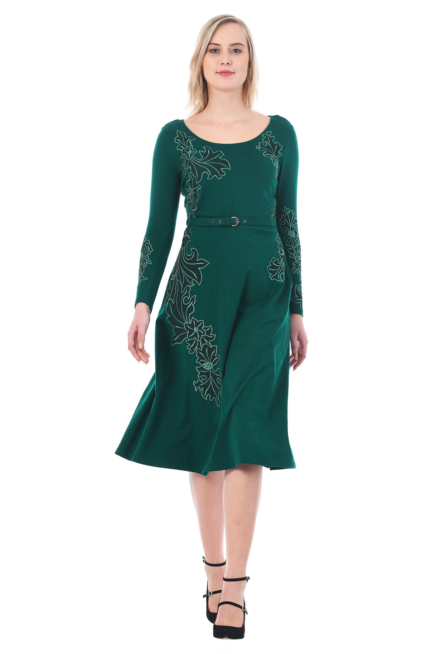 Shop Leaf embellished cotton knit belted dress | eShakti