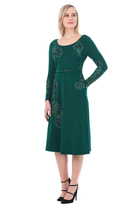 Shop Leaf embellished cotton knit belted dress | eShakti