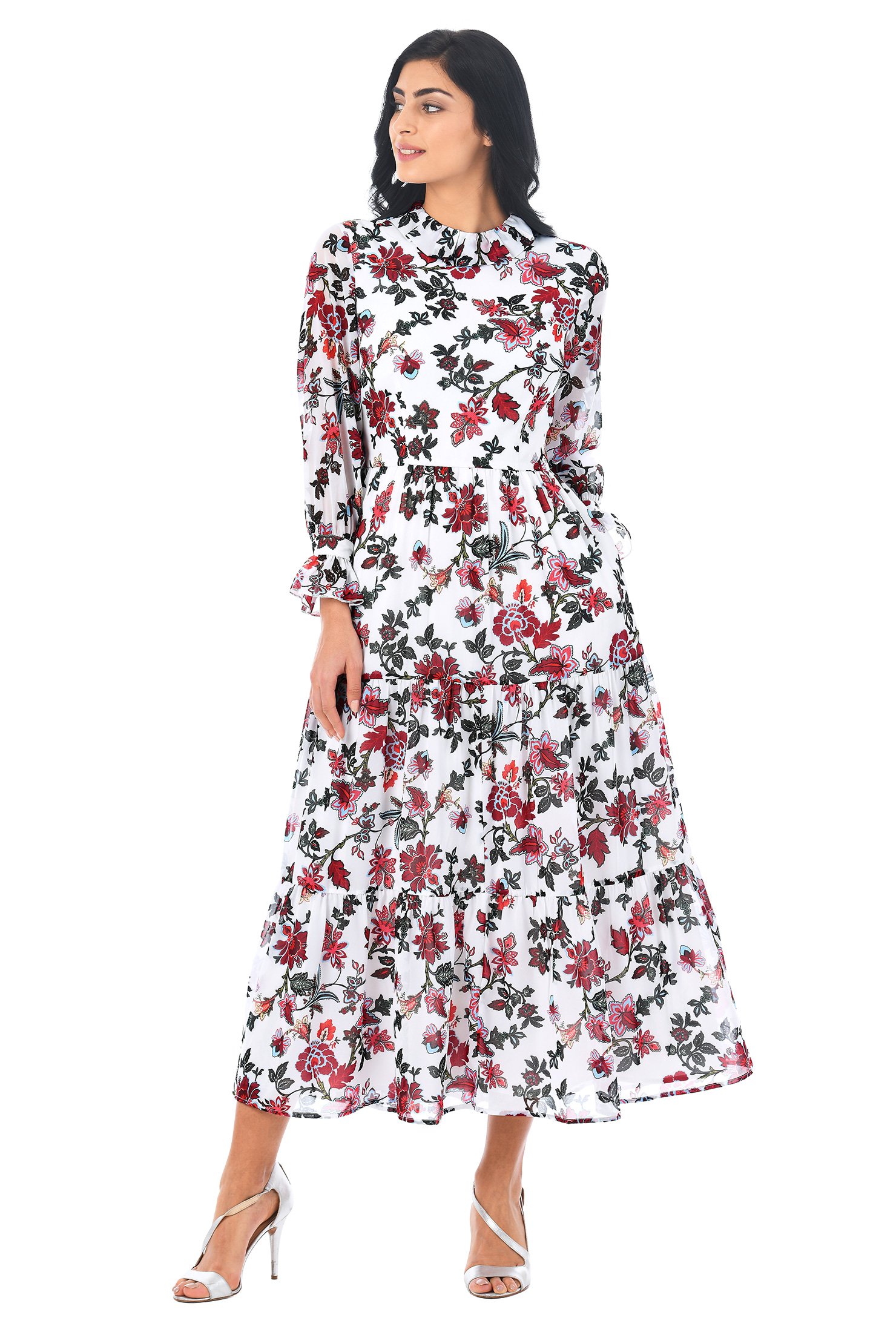 Shop Ruffle floral print georgette tier dress | eShakti