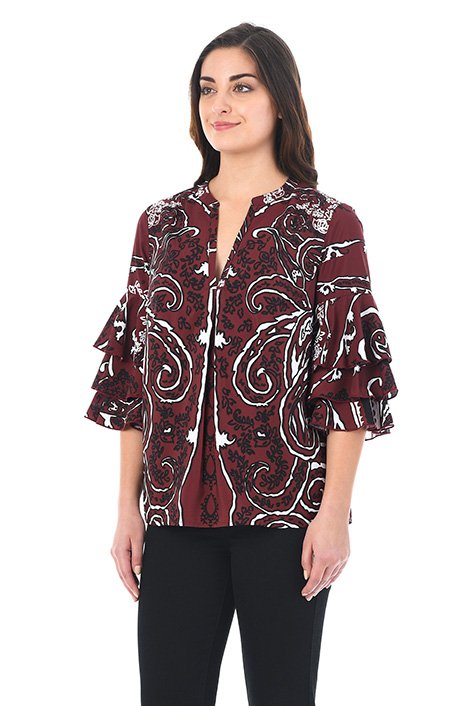 Shop Ruffle sleeve graphic floral print crepe top | eShakti