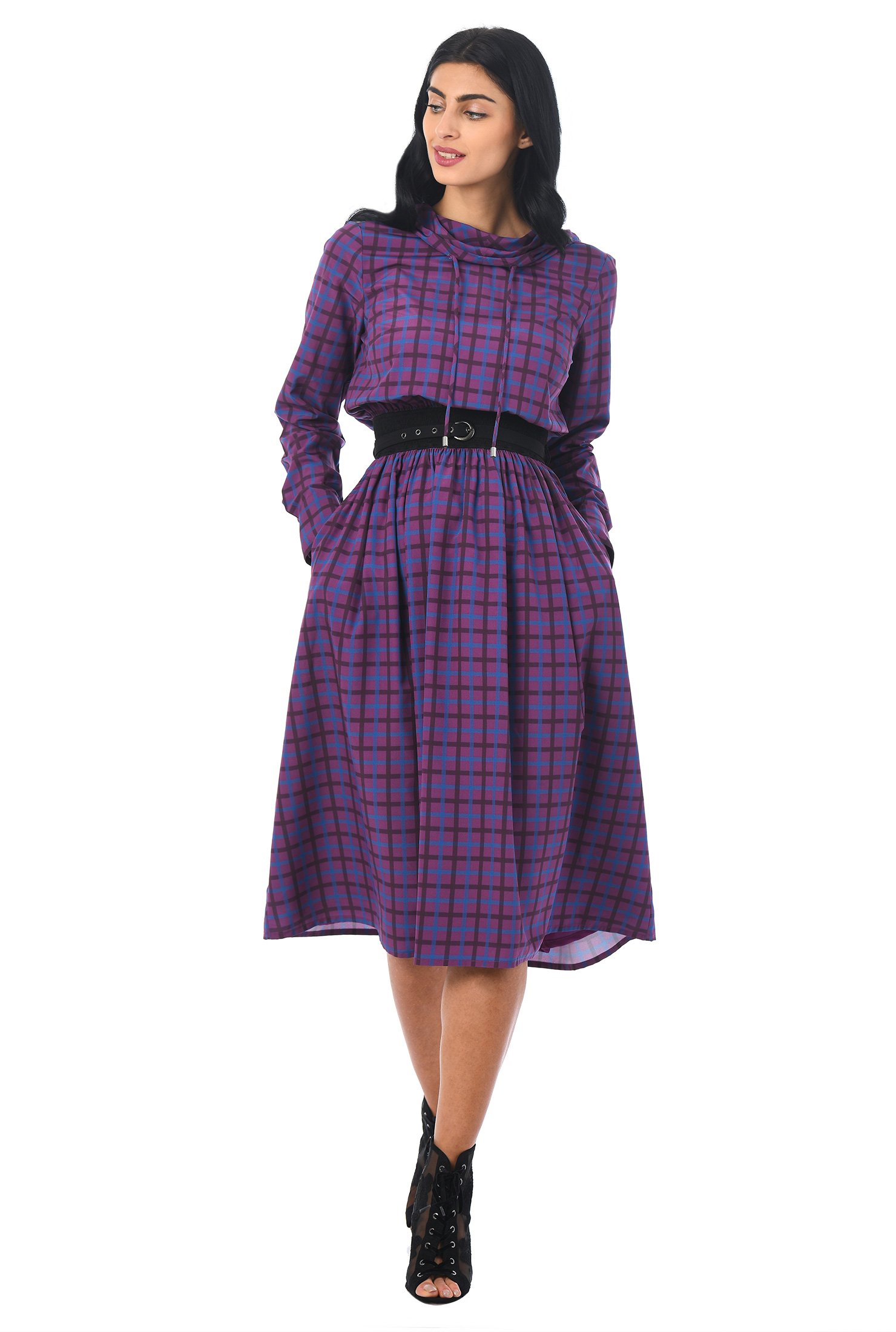 Shop Plaid print crepe hooded blouson dress | eShakti