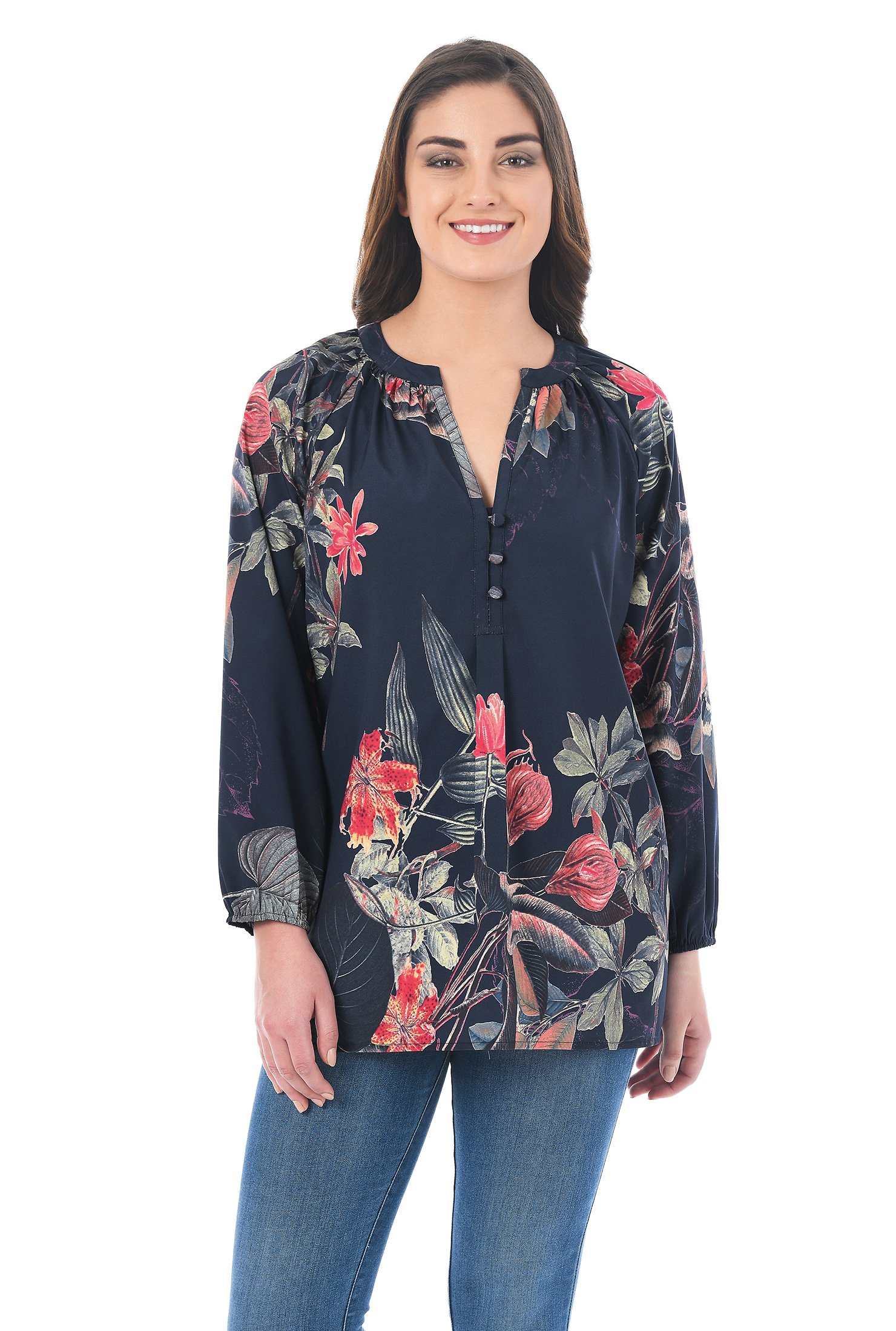 Shop Split neck floral print crepe tunic | eShakti