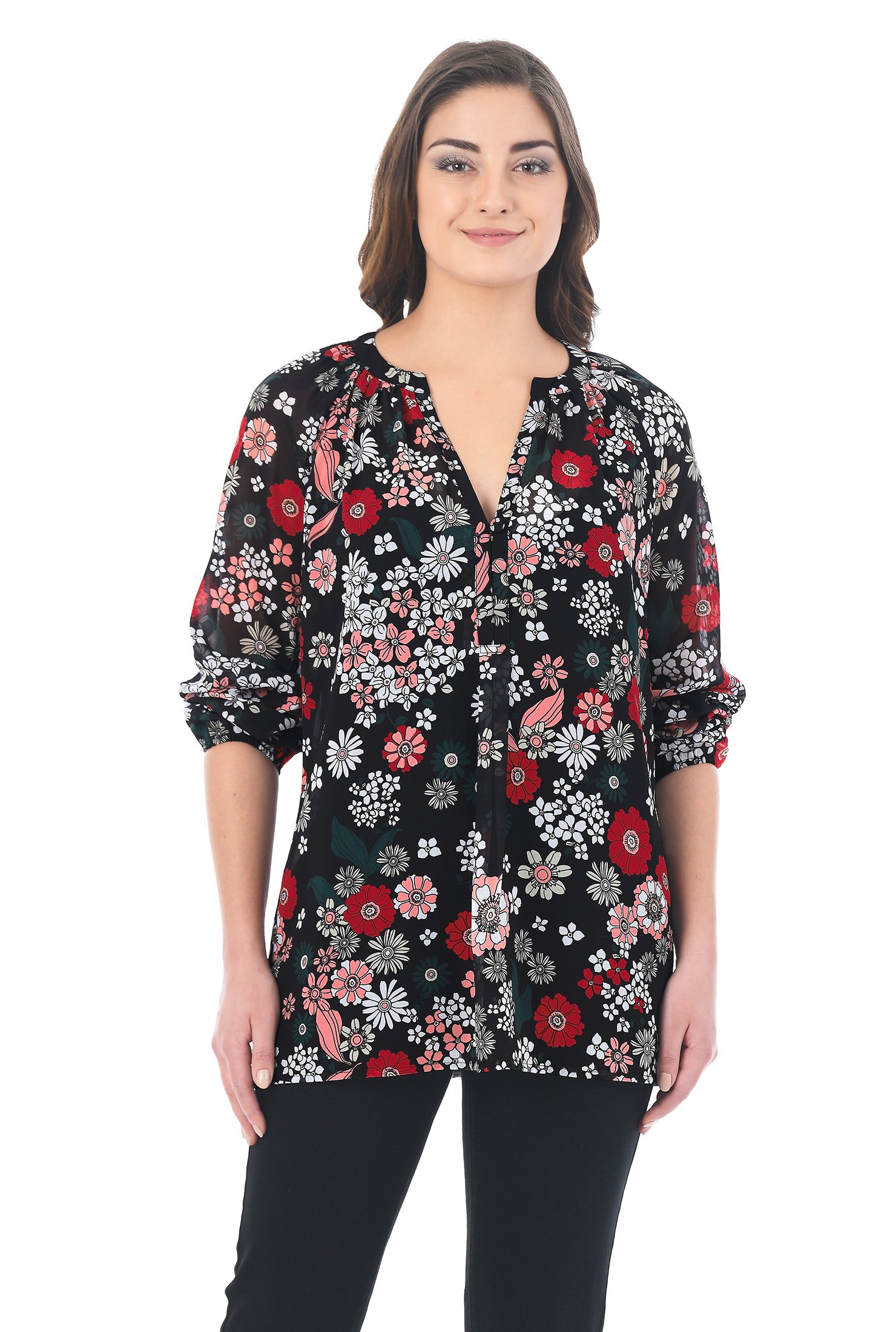 Shop Split neck floral print georgette tunic | eShakti