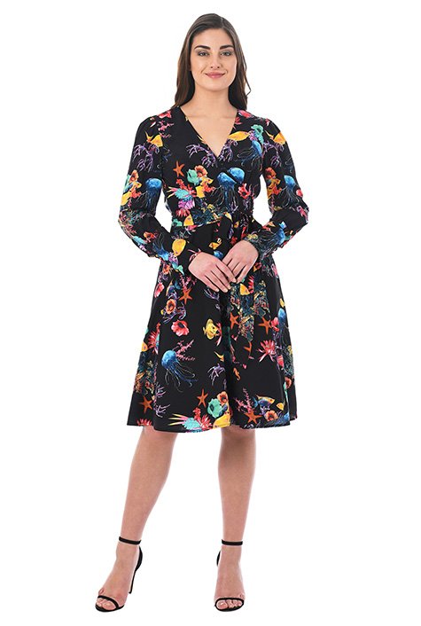 Shop Sea world print crepe wrap dress | eShakti