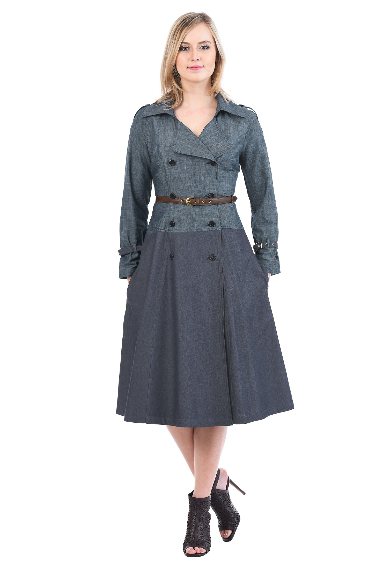 Shop Two Tone Cotton Chambray Trench Style Belted Dress Eshakti