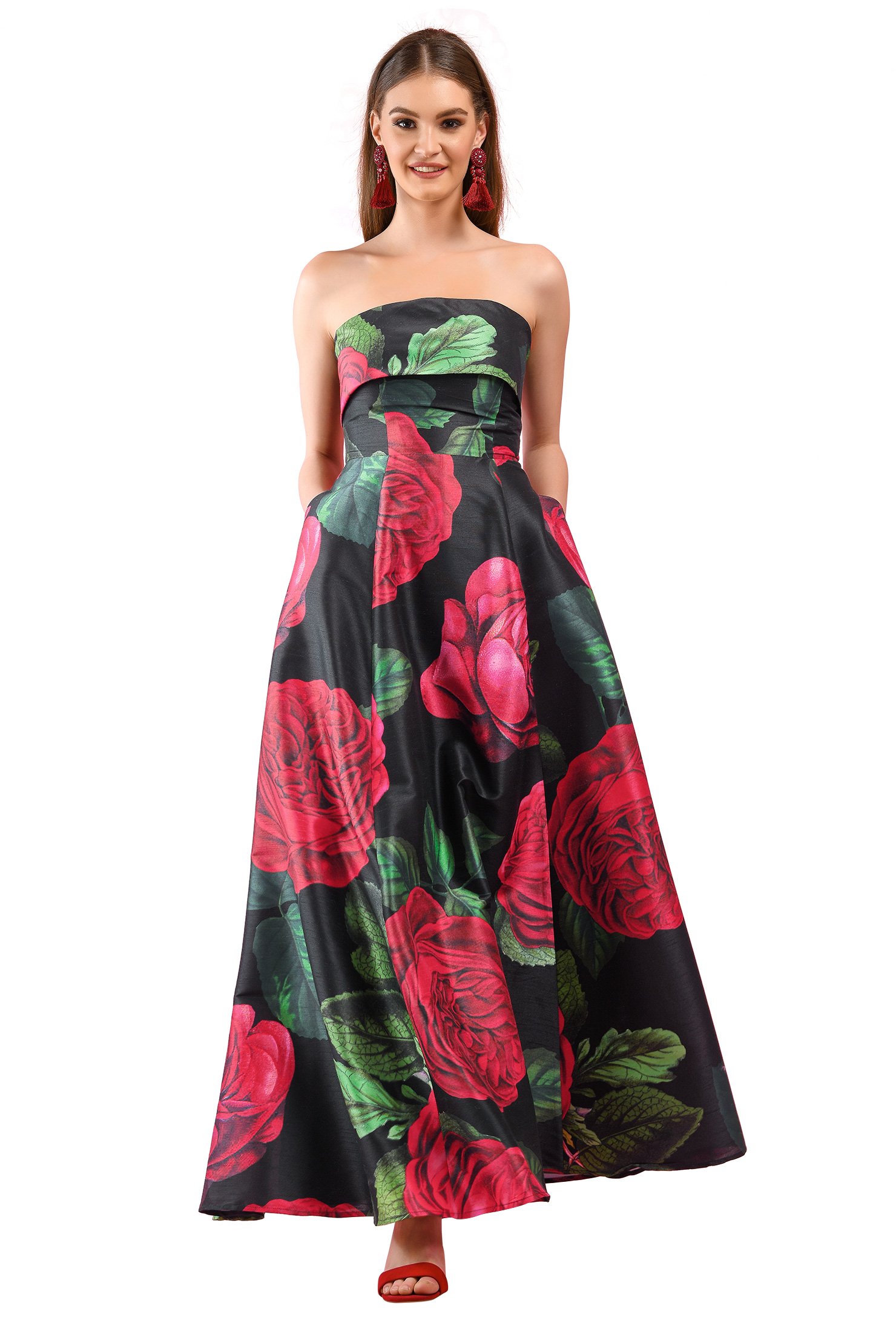Shop Floral Print Dupioni Strapless Maxi Dress Eshakti 0184