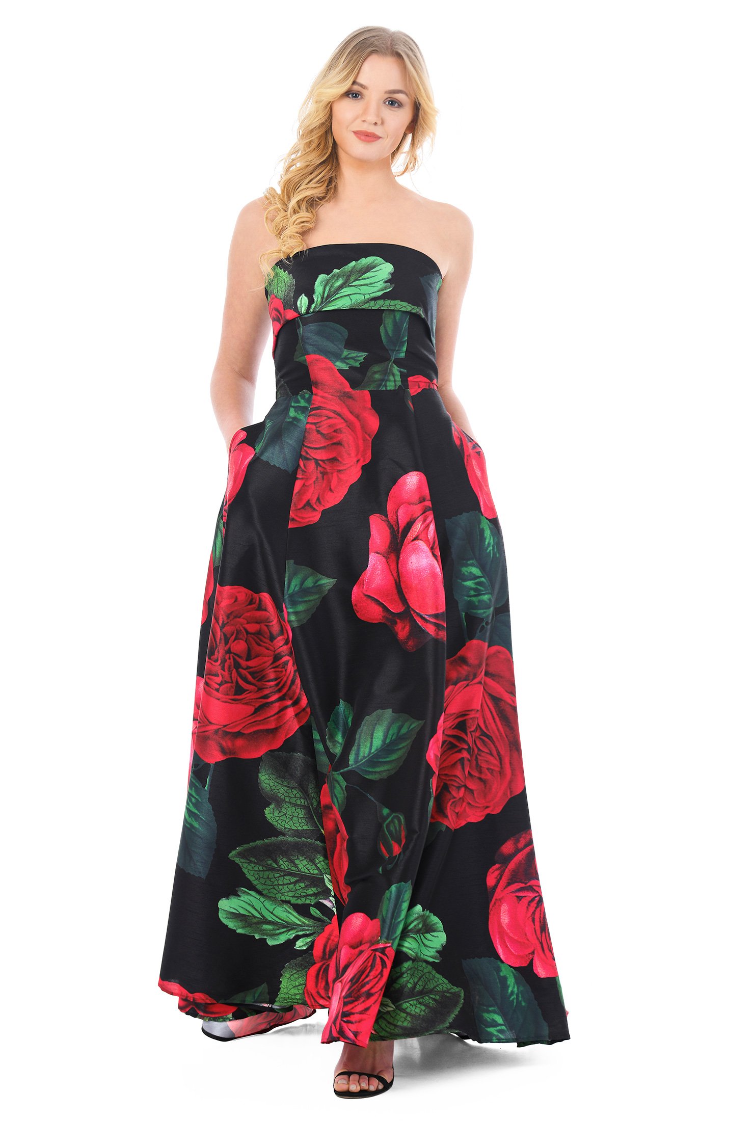 Shop Floral Print Dupioni Strapless Maxi Dress Eshakti 7171