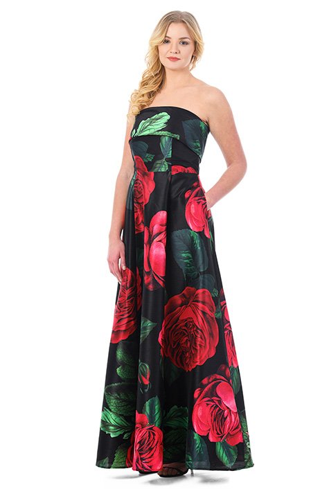 Shop Floral Print Dupioni Strapless Maxi Dress Eshakti 0875