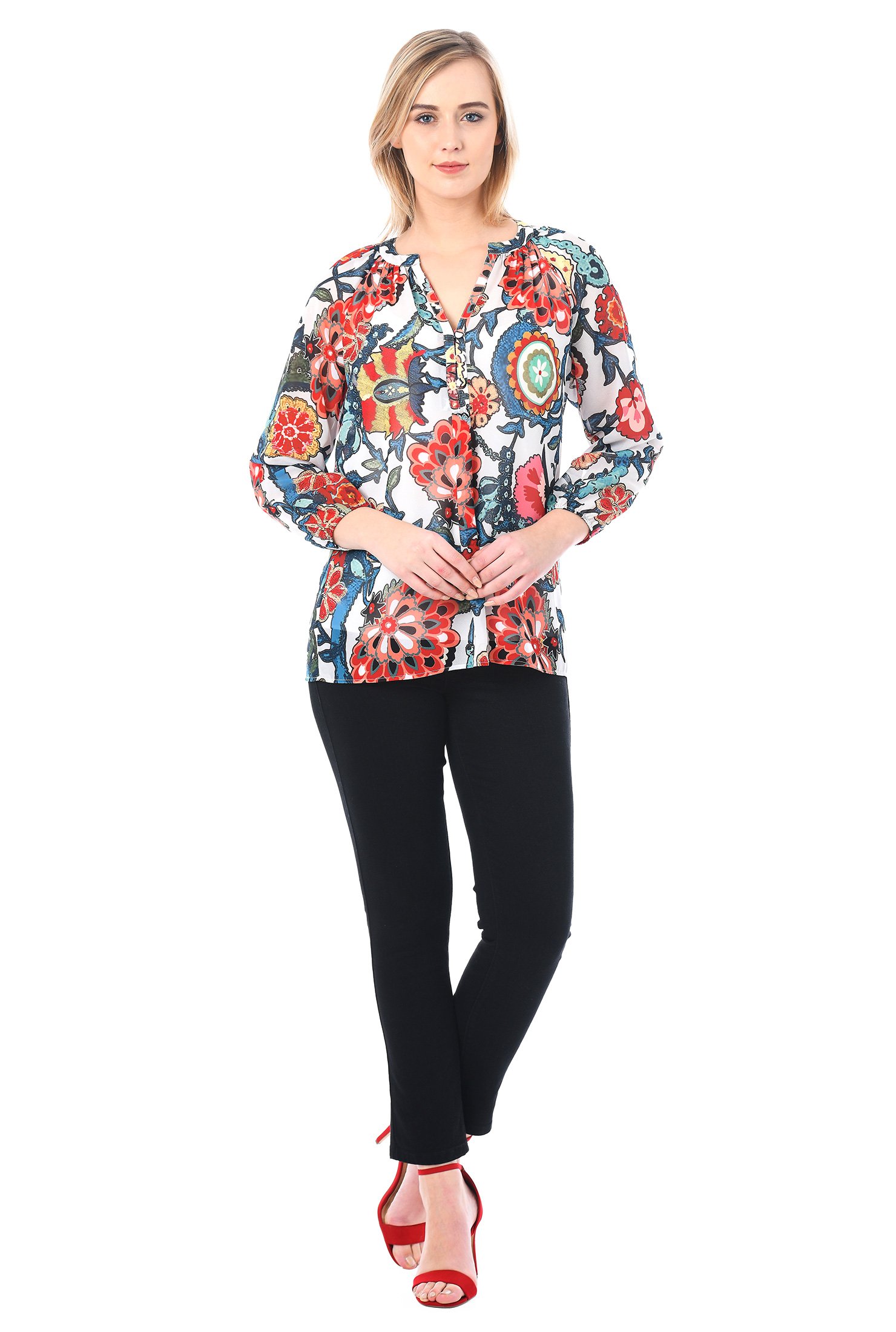 Shop Split neck floral print georgette tunic | eShakti