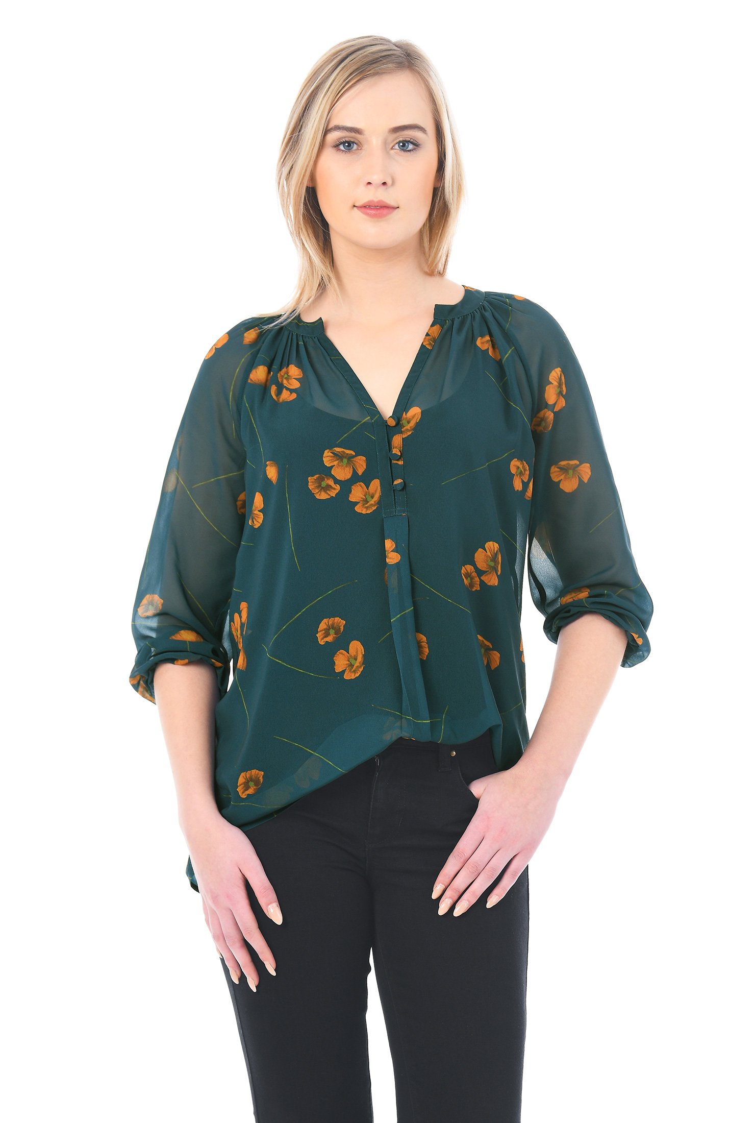 Shop Split neck floral print georgette tunic | eShakti