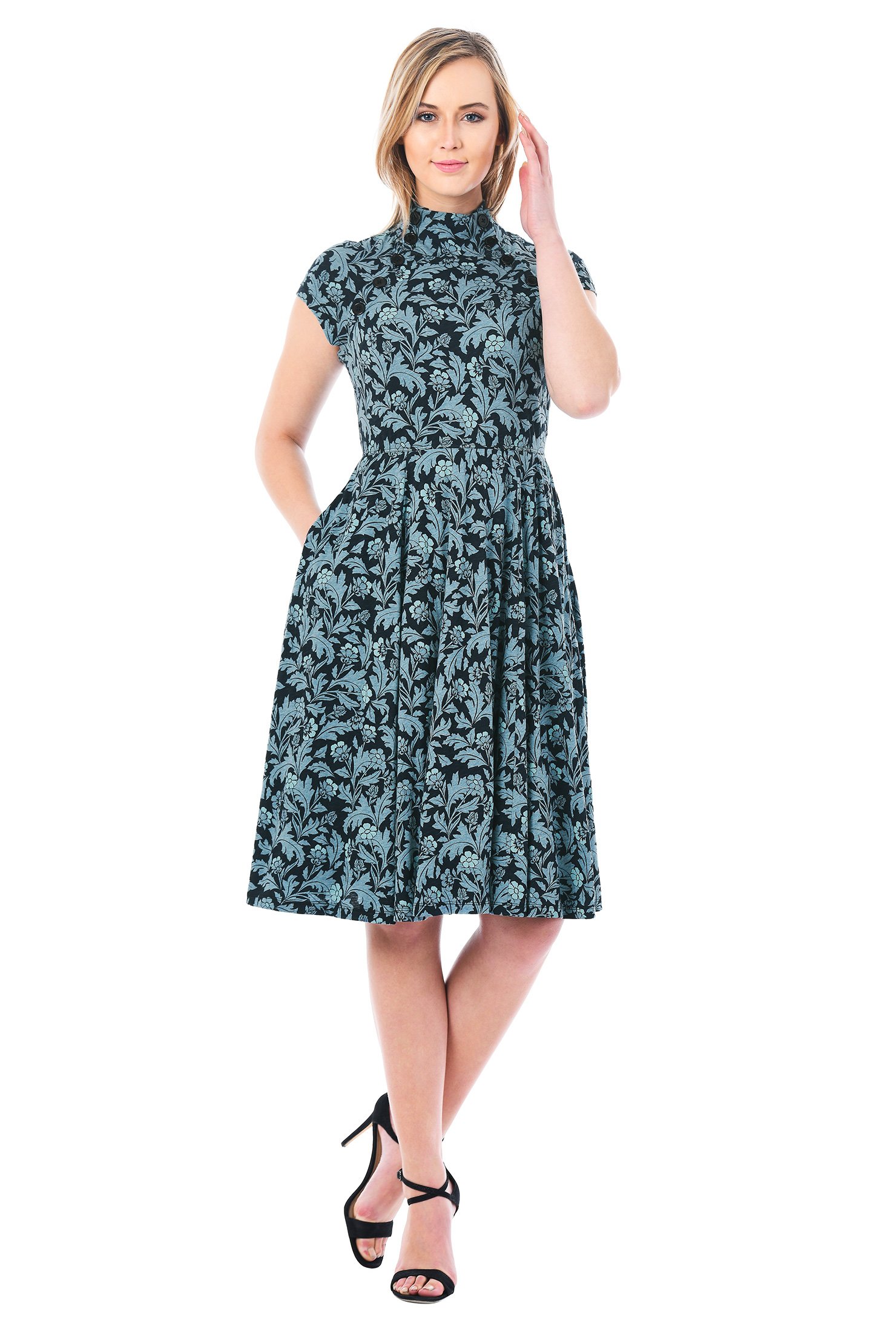 Shop Button mock neck floral cotton knit dress | eShakti