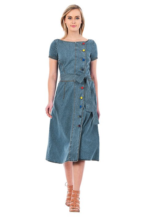 Shop Floral embellished button cotton denim dress | eShakti