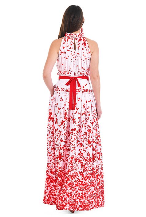 Ruffles at the high neck and ruching enhance the feminine aesthetic of our heart print crepe dress with a vibrant rosette trim belt at the wide banded waist.