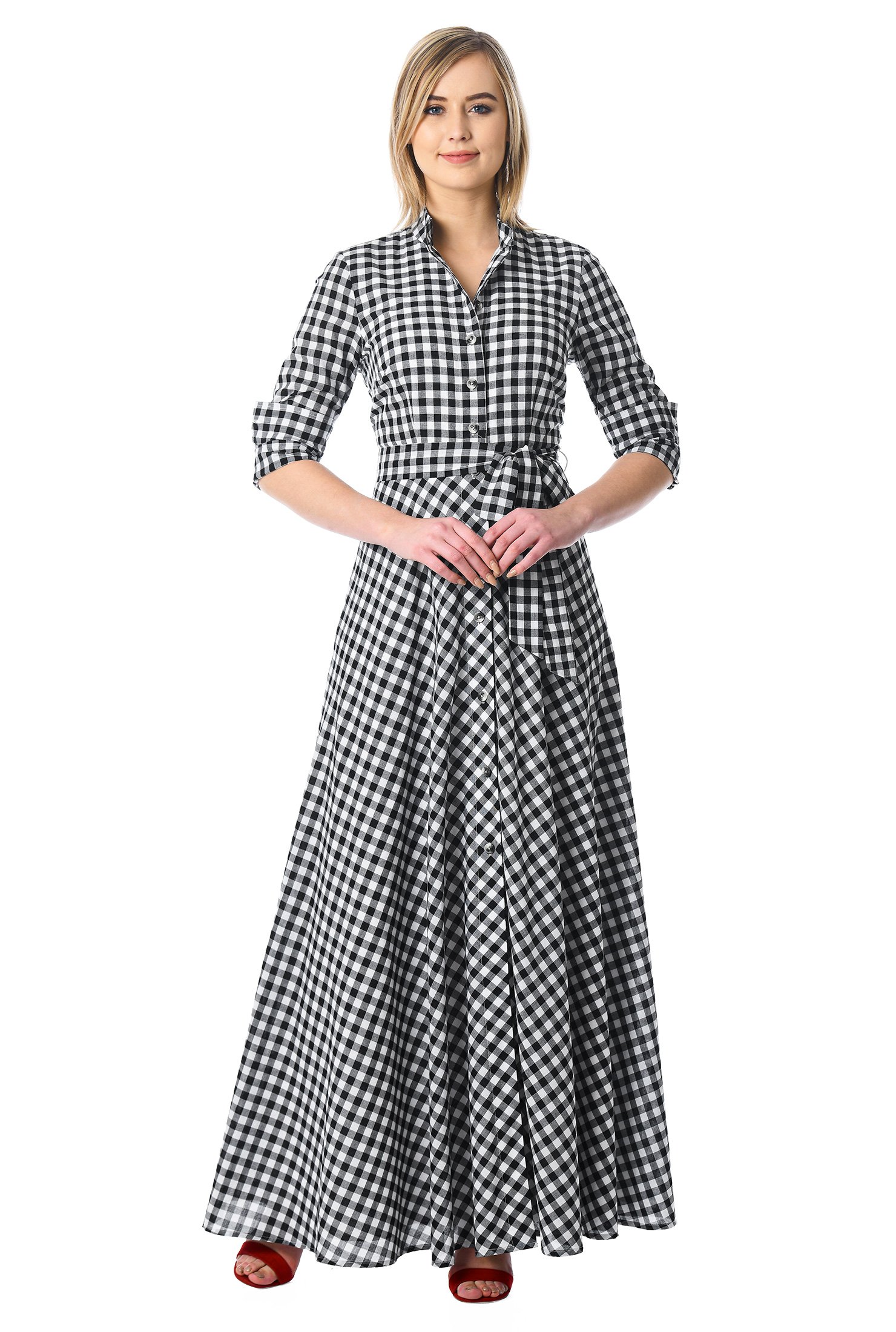 Shop Gingham Check Cotton Maxi Shirtdress Eshakti