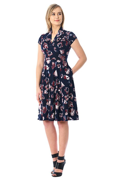 Shop Feminine pleated floral print cotton knit dress | eShakti
