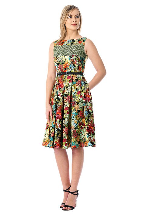 Shop Tropical Leaf Print Belted Crepe Dress | Eshakti