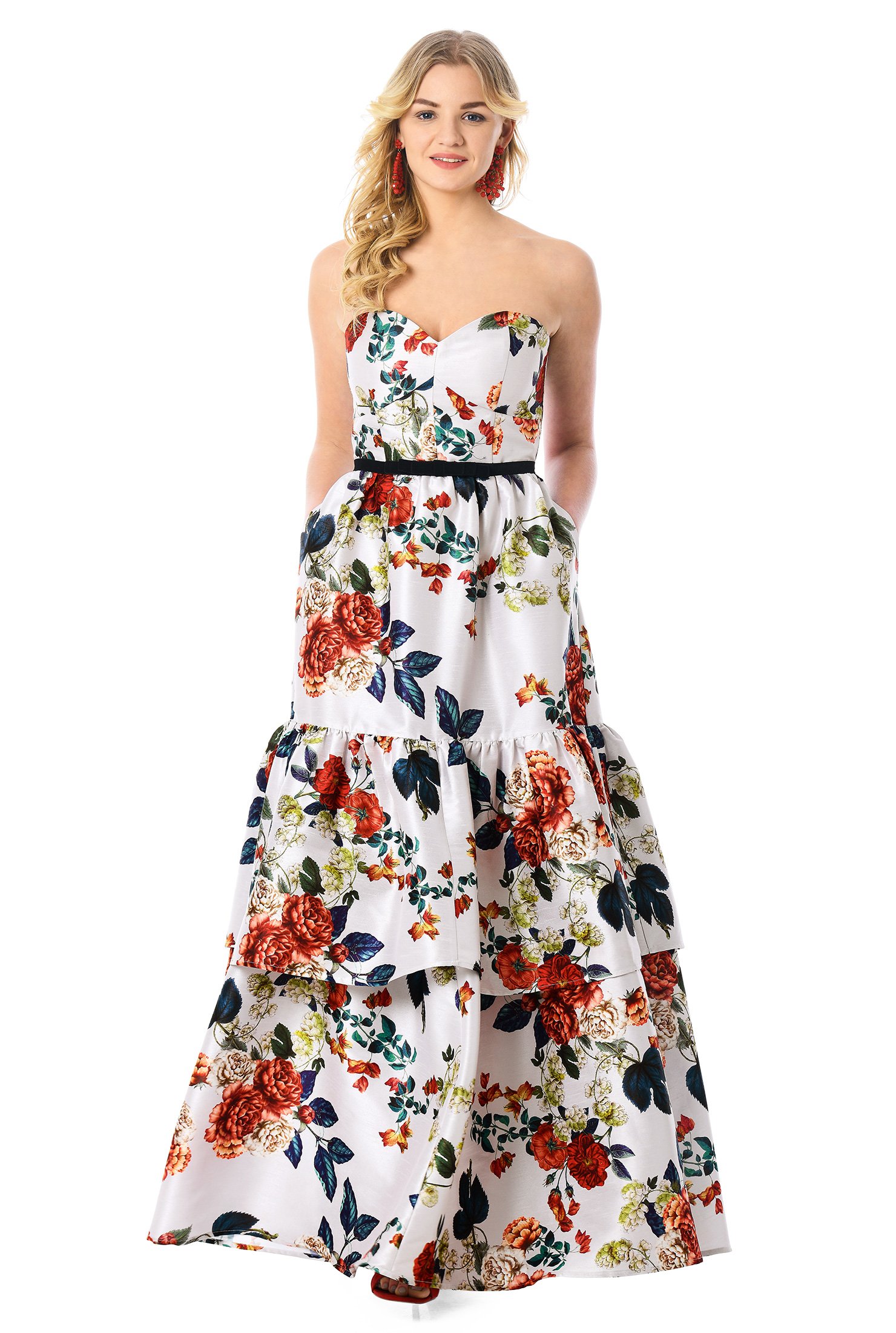 Shop Floral print dupioni strapless maxi dress | eShakti