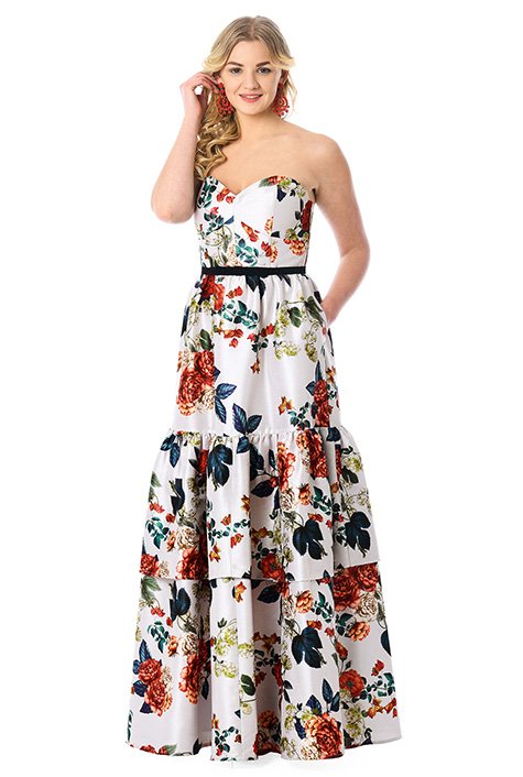Shop Floral Print Dupioni Strapless Maxi Dress Eshakti 7529
