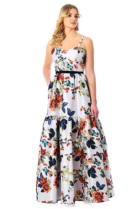 Shop Floral Print Dupioni Strapless Maxi Dress Eshakti 9072