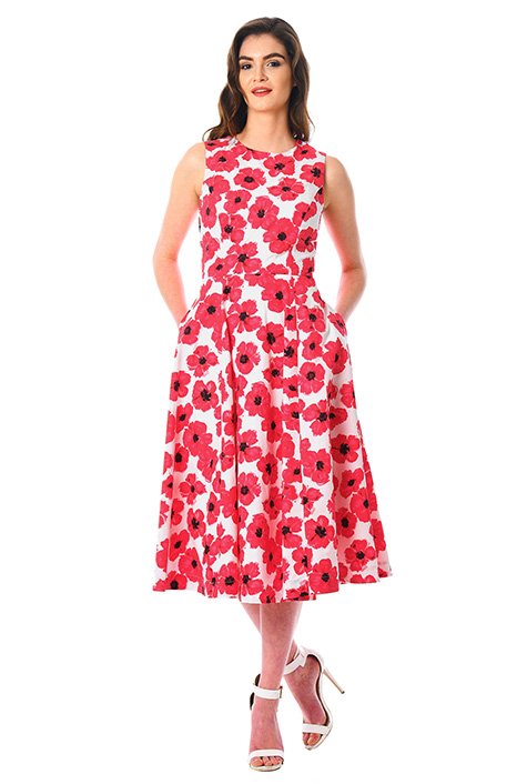 Shop Hibiscus print cotton poplin midi dress | eShakti
