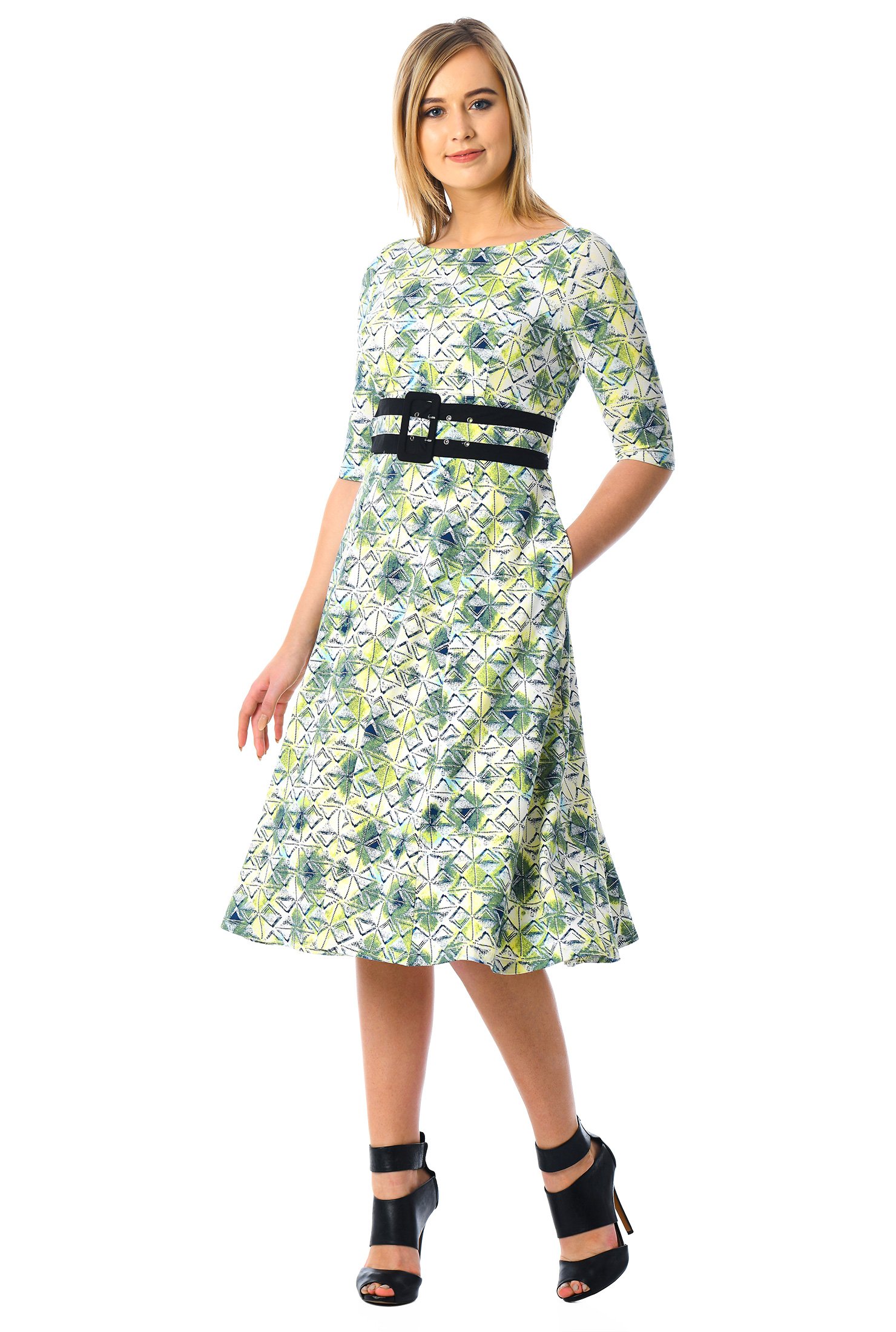 Shop Geo print cotton knit wide belt dress | eShakti