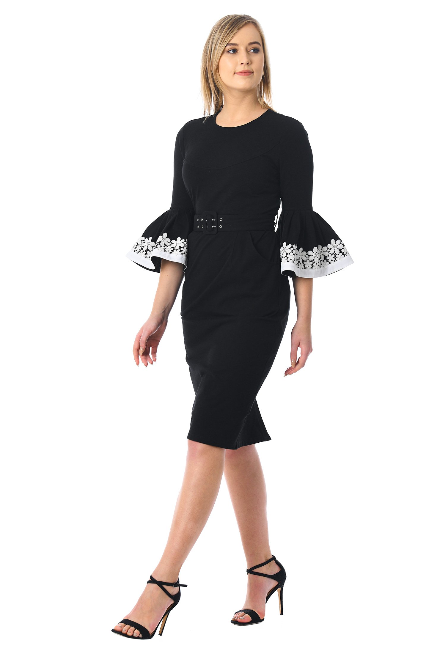 Shop Floral lace ruffle cotton knit sheath dress | eShakti