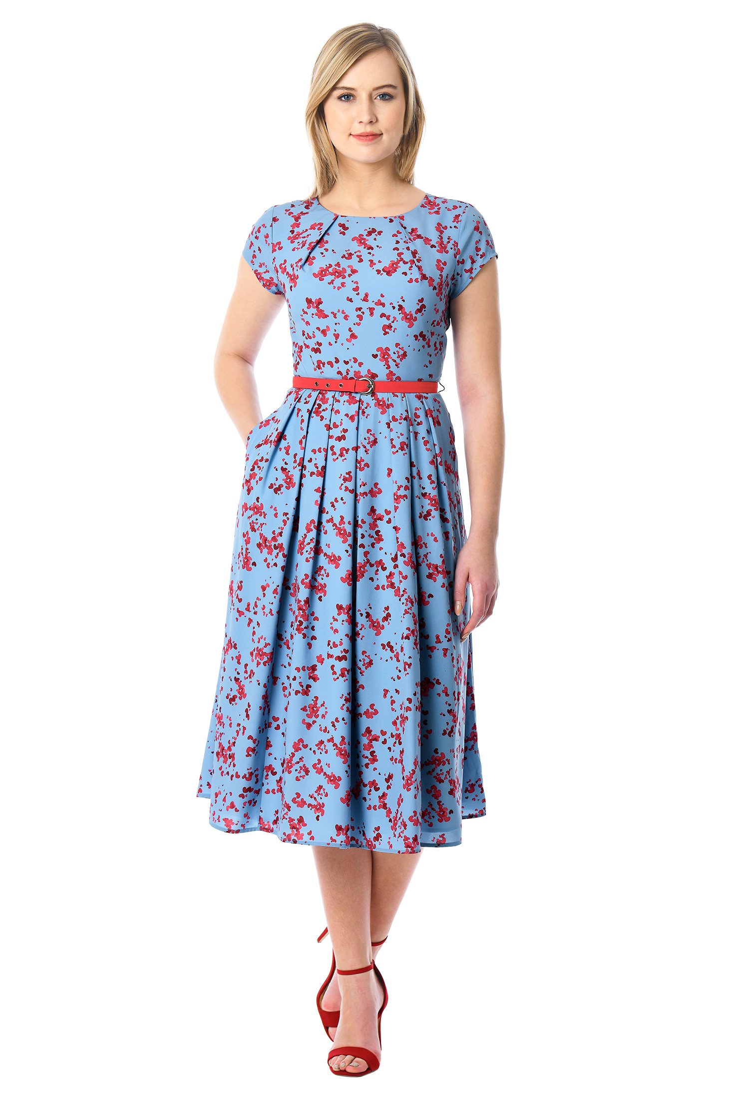 Shop Pleat neck belted floral print crepe dress | eShakti