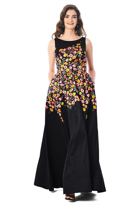 Placed floral print on our polydupioni maxi dress is designed to flatter and enhance in a fit-and-flare flowing silhouette.