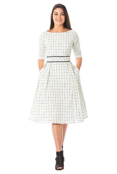 Shop Windowpane check cotton contrast trim dress | eShakti