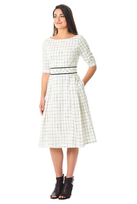 Shop Windowpane check cotton contrast trim dress | eShakti