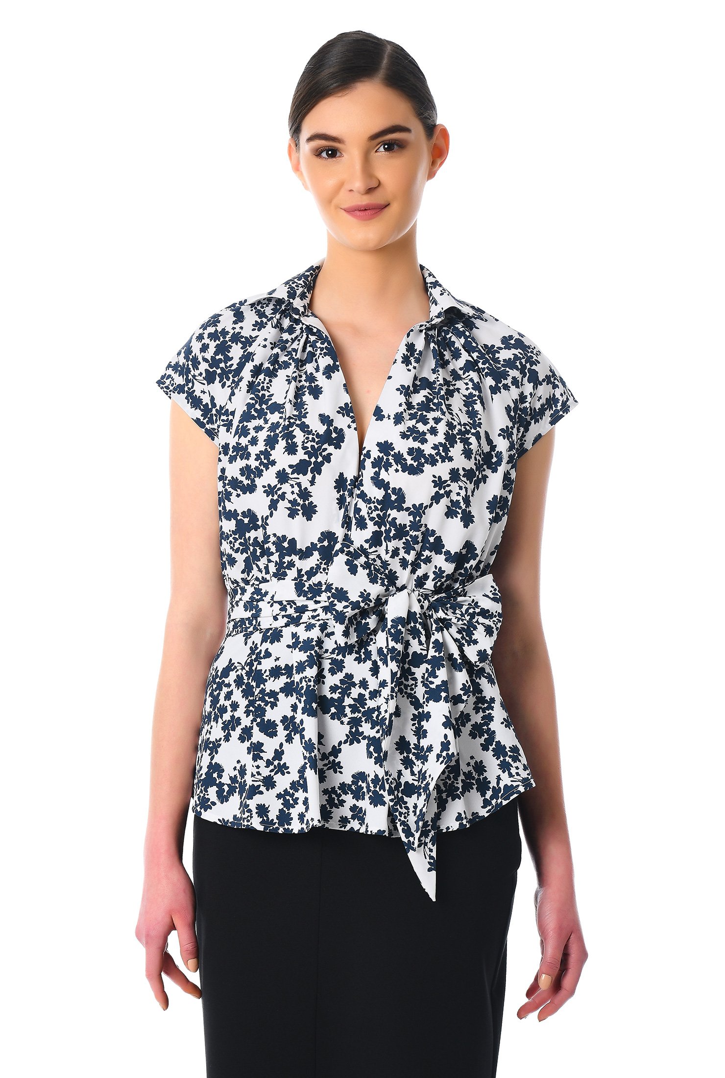 Shop Floral print sash waist peplum crepe blouse | eShakti