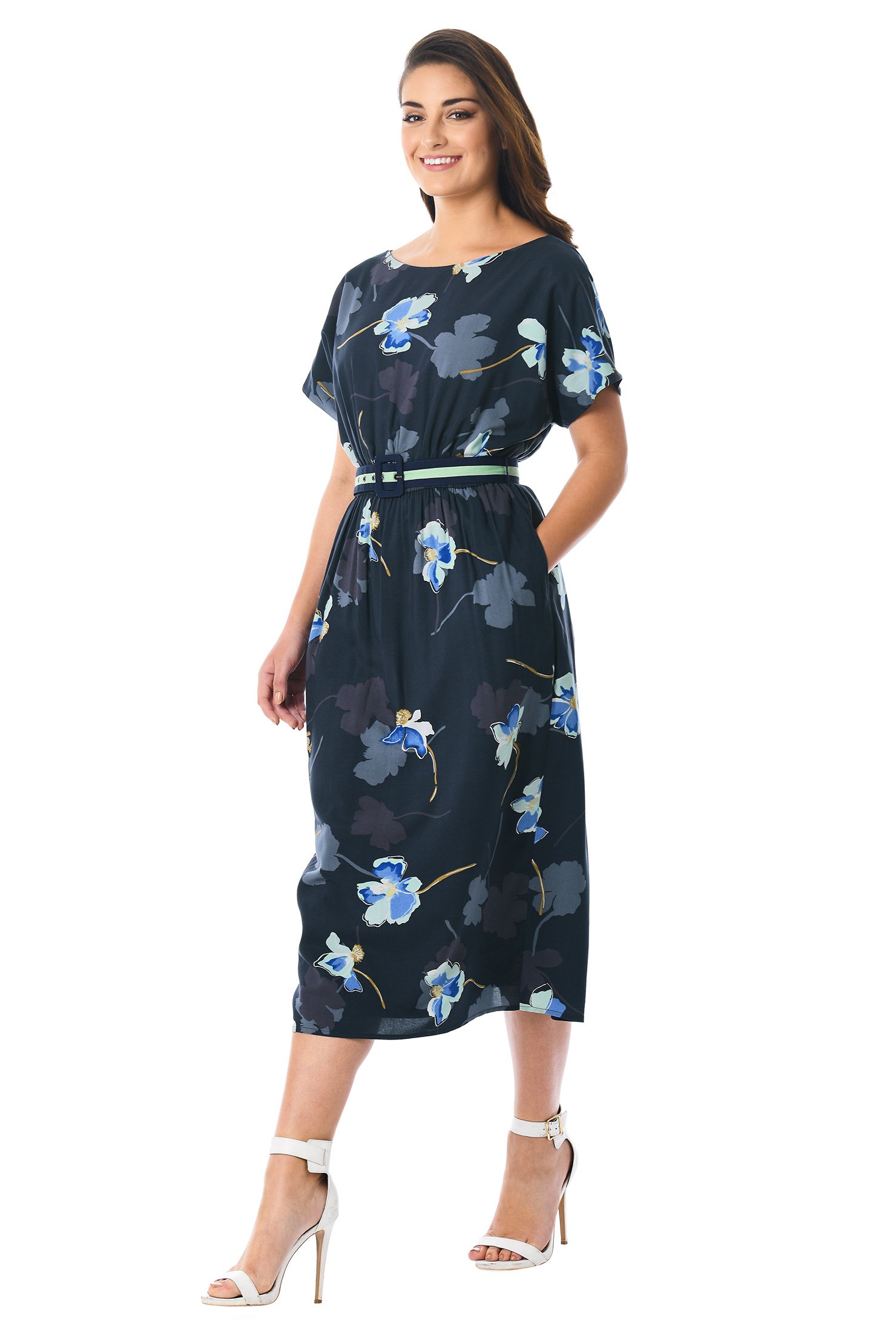 Shop Floral print contrast belt blouson dress | eShakti