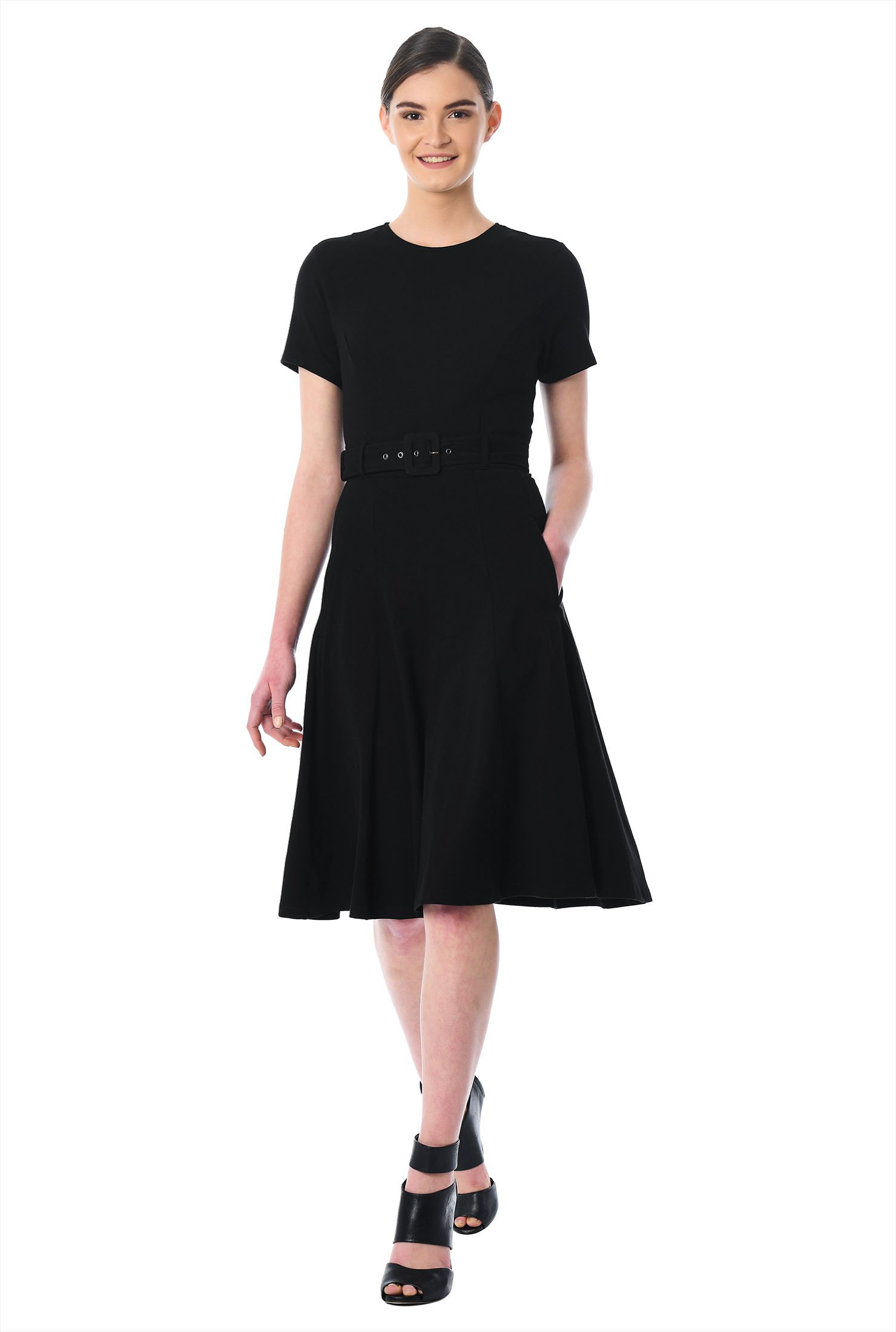 Shop Cotton knit belted fit-and-flare dress | eShakti