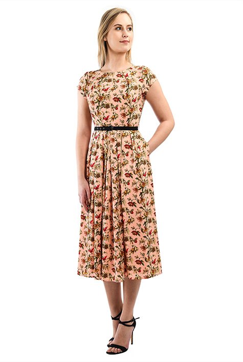 Shop Pleat neck belted floral dot print crepe dress | eShakti