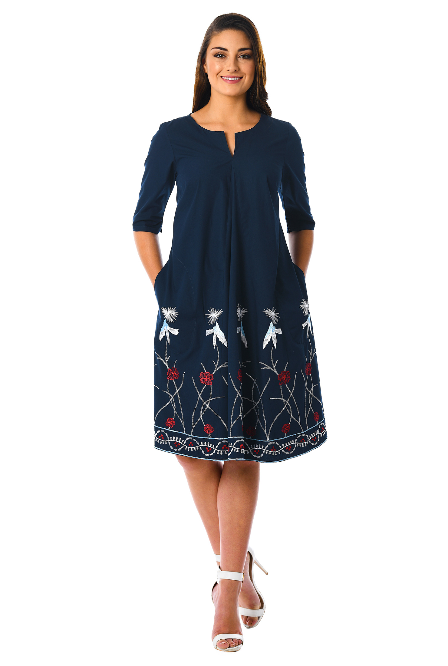 Shop Floral bird embellished poplin shift dress eShakti