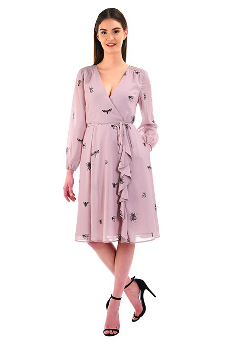 Shop Ruffle insect print georgette faux wrap dress eShakti