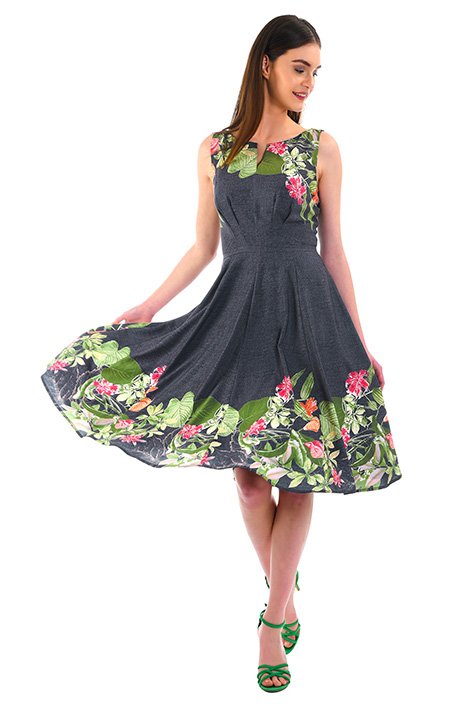 Shop Tropical floral print crepe split neck dress | eShakti