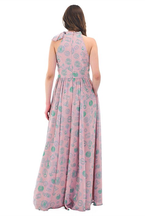 Shop Vintage travel stamp print georgette maxi dress | eShakti