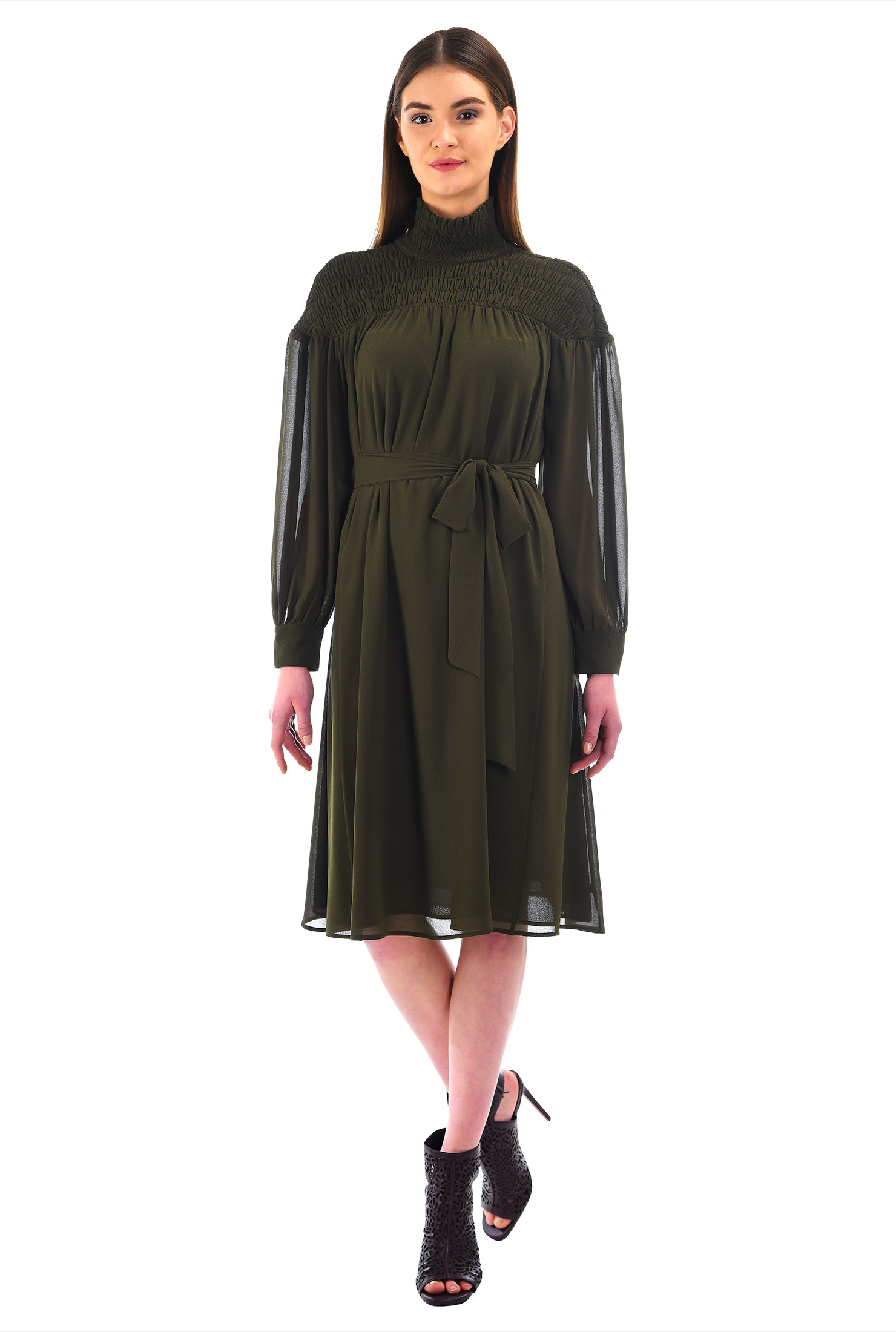 Shop Smocked chiffon sash tie dress eShakti