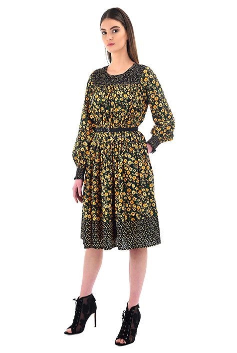 Shop Smocked floral and dot print crepe dress | eShakti